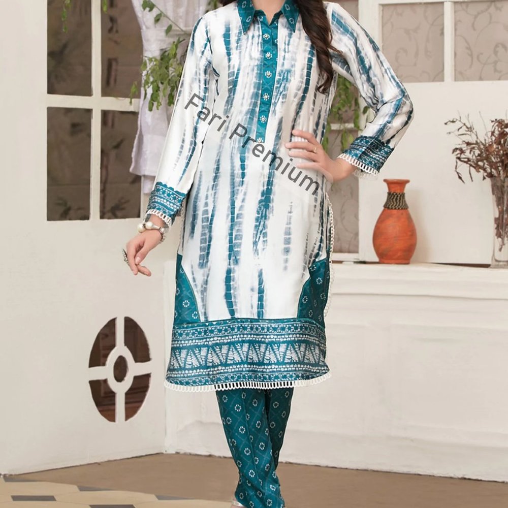 2PC Embellished Silk Tie-Dye Print Shalwar Kameez Tawakkal Pakistani/Indian L-46